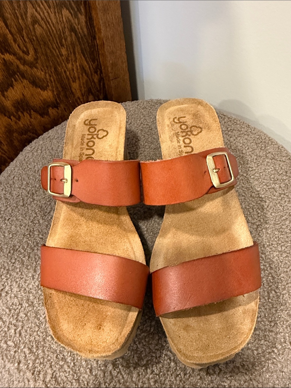 Yokono Tan Leather Two-Band Slide Sandals with Buckle Detail gold buckle